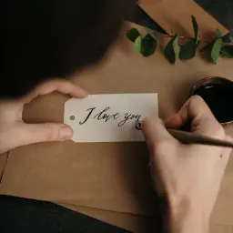 Ręka pisze piórem na etykiecie "I love you". Obok stoi miseczka z atramentem i gałązka eukaliptusa. To piękny list miłosny.