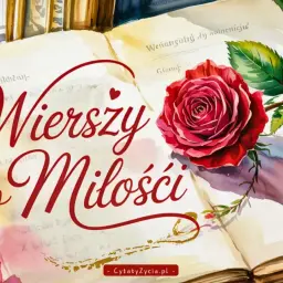 Otwarta księga z piękną czerwoną różą i napisem "Wierszy o miłości dla niego".