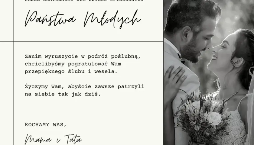 Czarno-białe zdjęcie pary młodej, z tekstem gratulacyjnym.